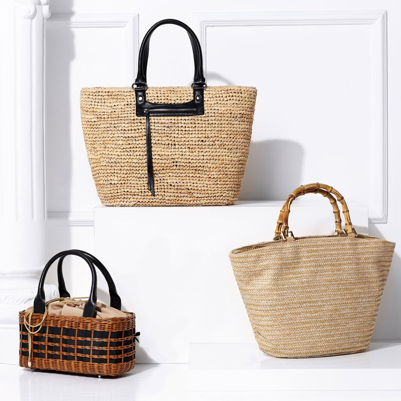 Color Block Crocodile Pattern Stripes Woven Synthetic Wicker Beach Bag Womens Tote Handbag