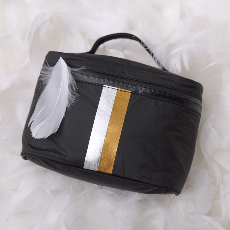 Designer Cosmetics Bag with Black with a Double Metallic Line Tyvek Makeup Case and Toiletry Bag