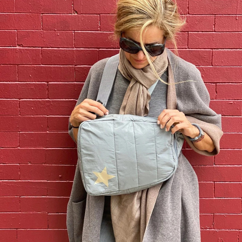 Chic Gray Shimmer Puffer Sling Bag Crossbody Backpack