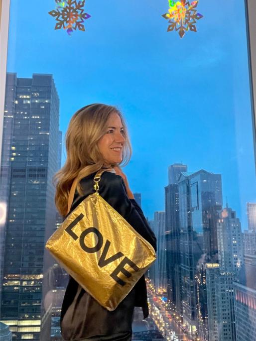 Gold Dupont Tyvek Makeup Bag: Tear-Resistant, Waterproof, Lightweight with Navy 'LOVE'