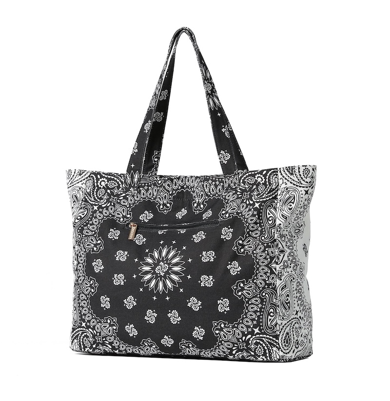 Personalized Black & White Bandana Canvas Tote Bag with Zipper Pockets | Custom Women’s Travel & Everyday Tote